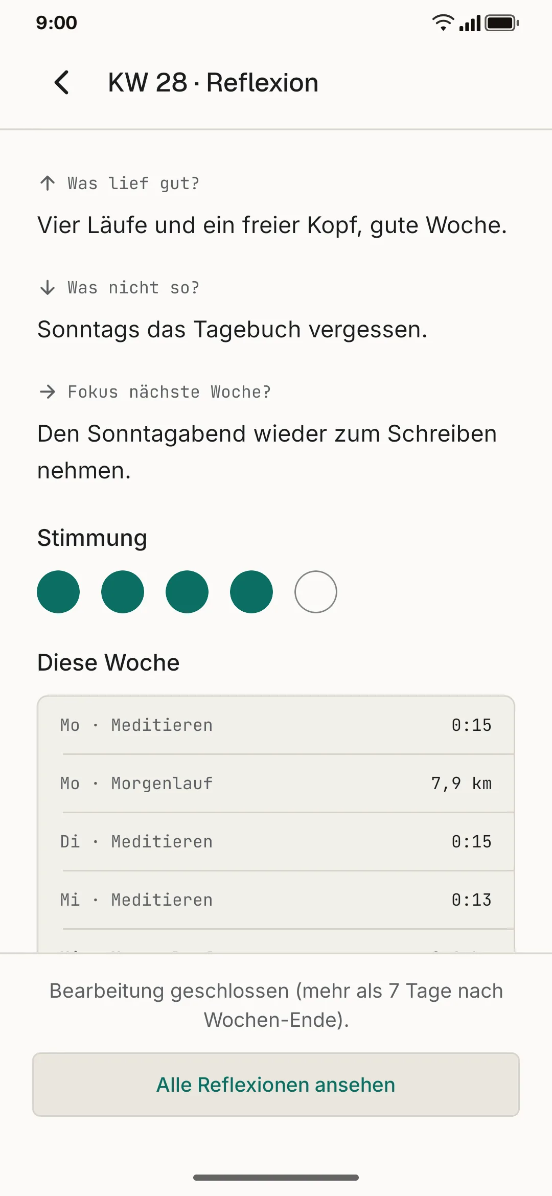Eine gespeicherte Wochen-Reflexion in der App: die drei Antworten, eine Stimmungsskala von schwer bis leicht und die Einträge der Woche mit Mengen und Dauern.