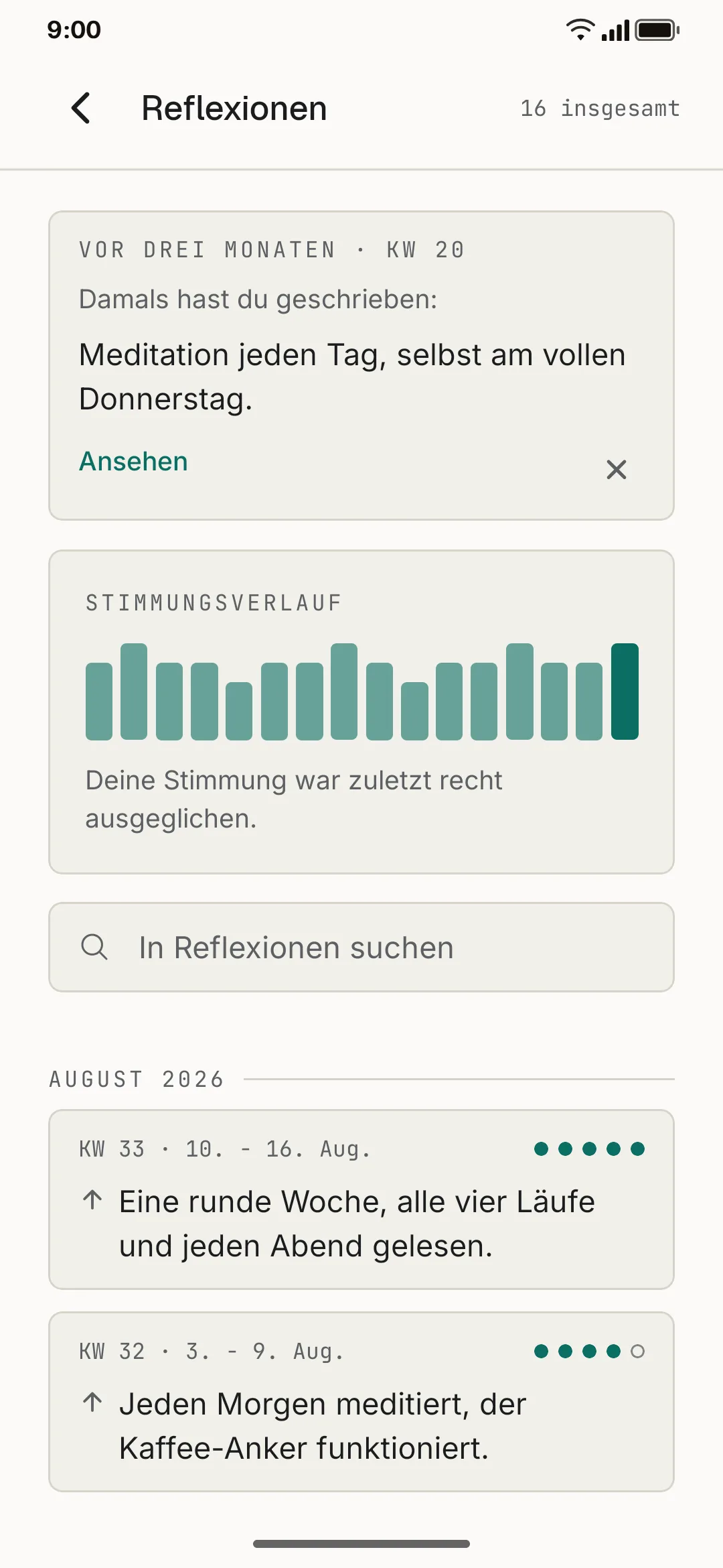 Die Reflexions-Übersicht: ein Eintrag von vor drei Monaten, der Stimmungsverlauf und darunter die Wochen.
