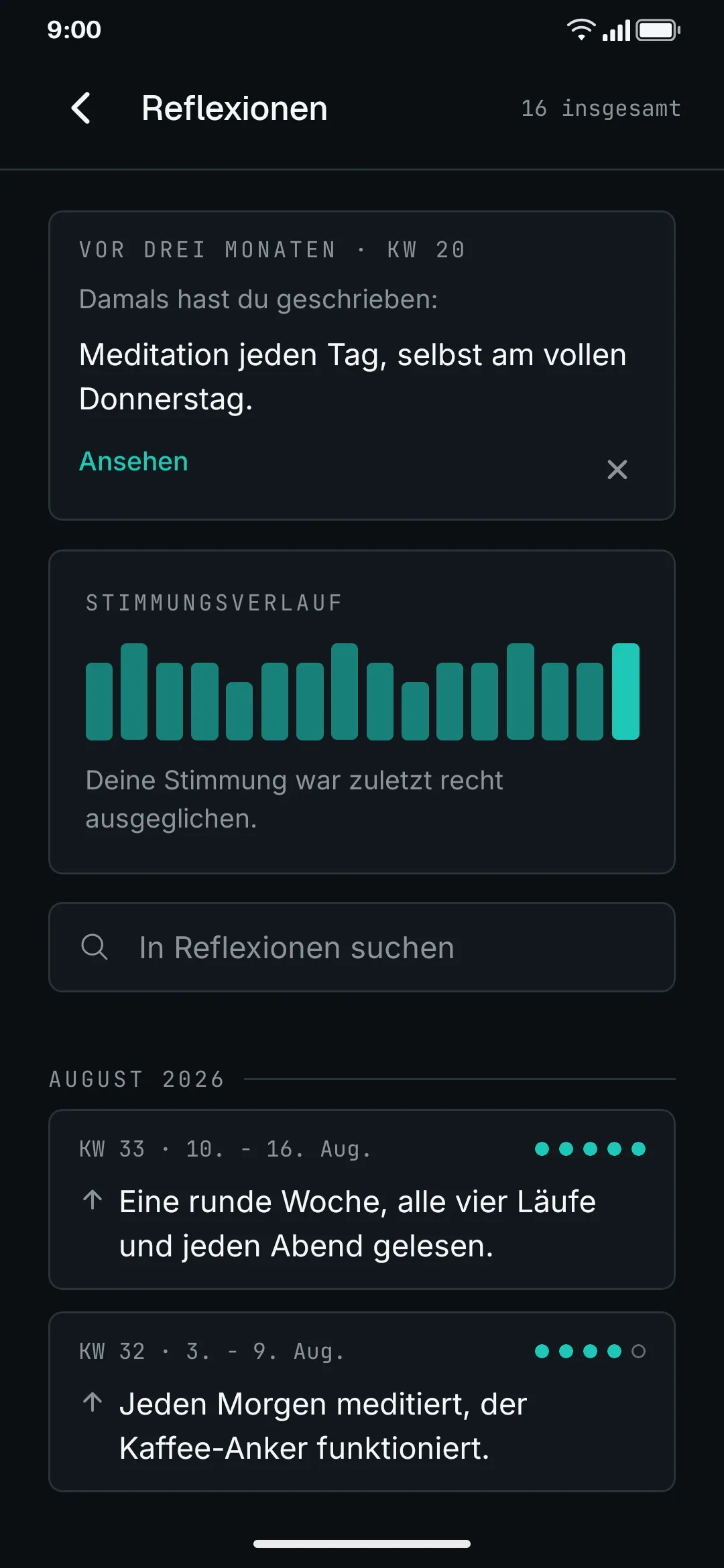 Die Reflexions-Übersicht: ein Eintrag von vor drei Monaten, der Stimmungsverlauf und darunter die Wochen.