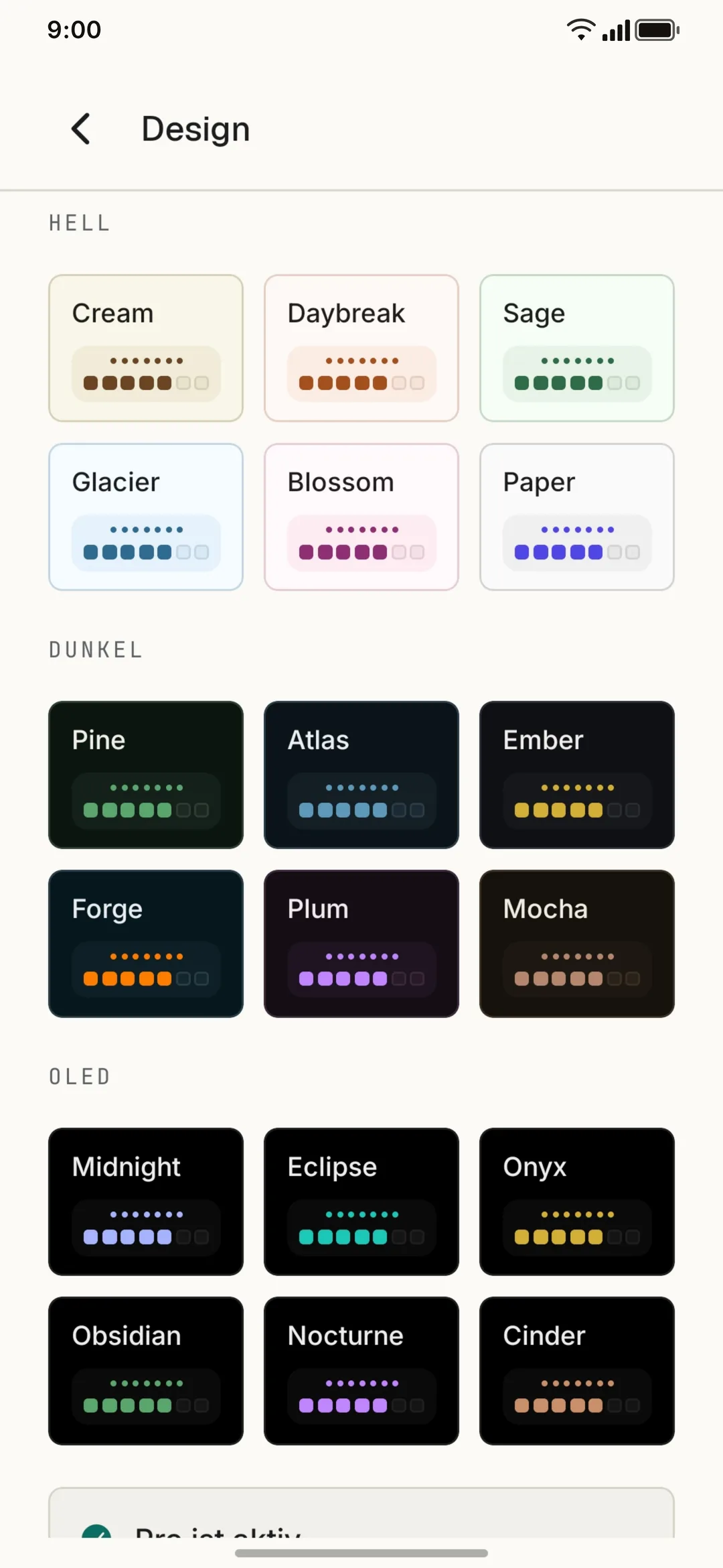 Der Theme-Katalog mit den Familien Hell, Dunkel und OLED.
